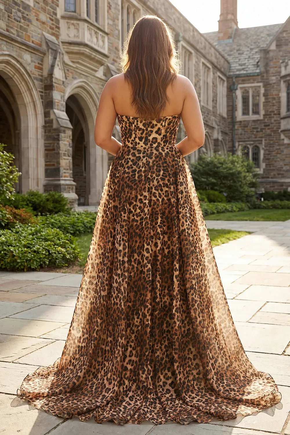 Strapless A Line Sleeveless Leopard Print Floor-Length Plus Size Prom Dress