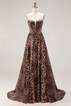 Strapless A Line Sleeveless Leopard Print Floor-Length Prom Dress
