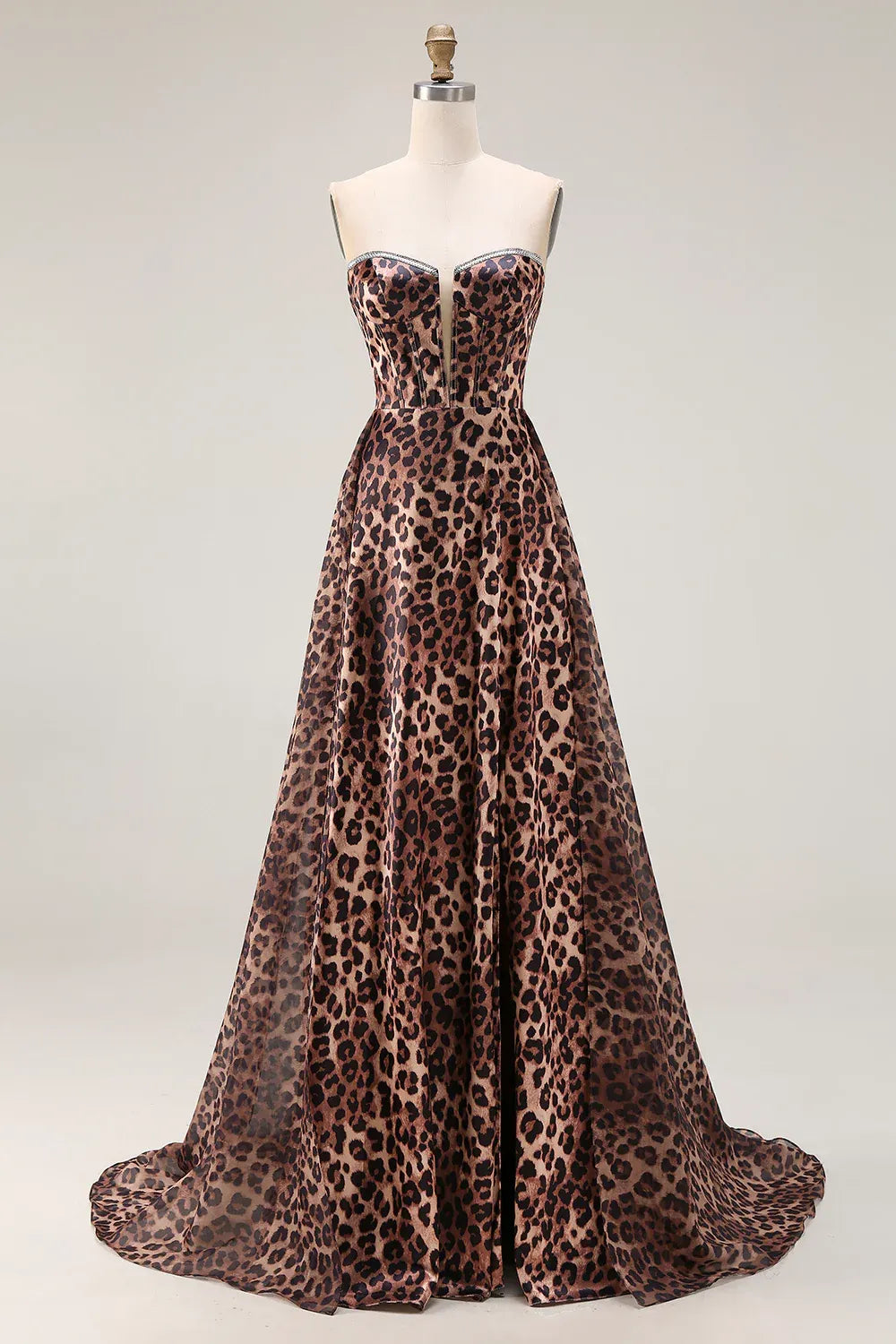 Strapless A Line Sleeveless Leopard Print Floor-Length Prom Dress