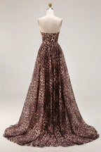 Strapless A Line Sleeveless Leopard Print Floor-Length Prom Dress