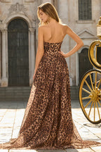 Strapless A Line Sleeveless Leopard Print Floor-Length Prom Dress