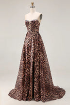 Strapless A Line Sleeveless Leopard Print Floor-Length Prom Dress