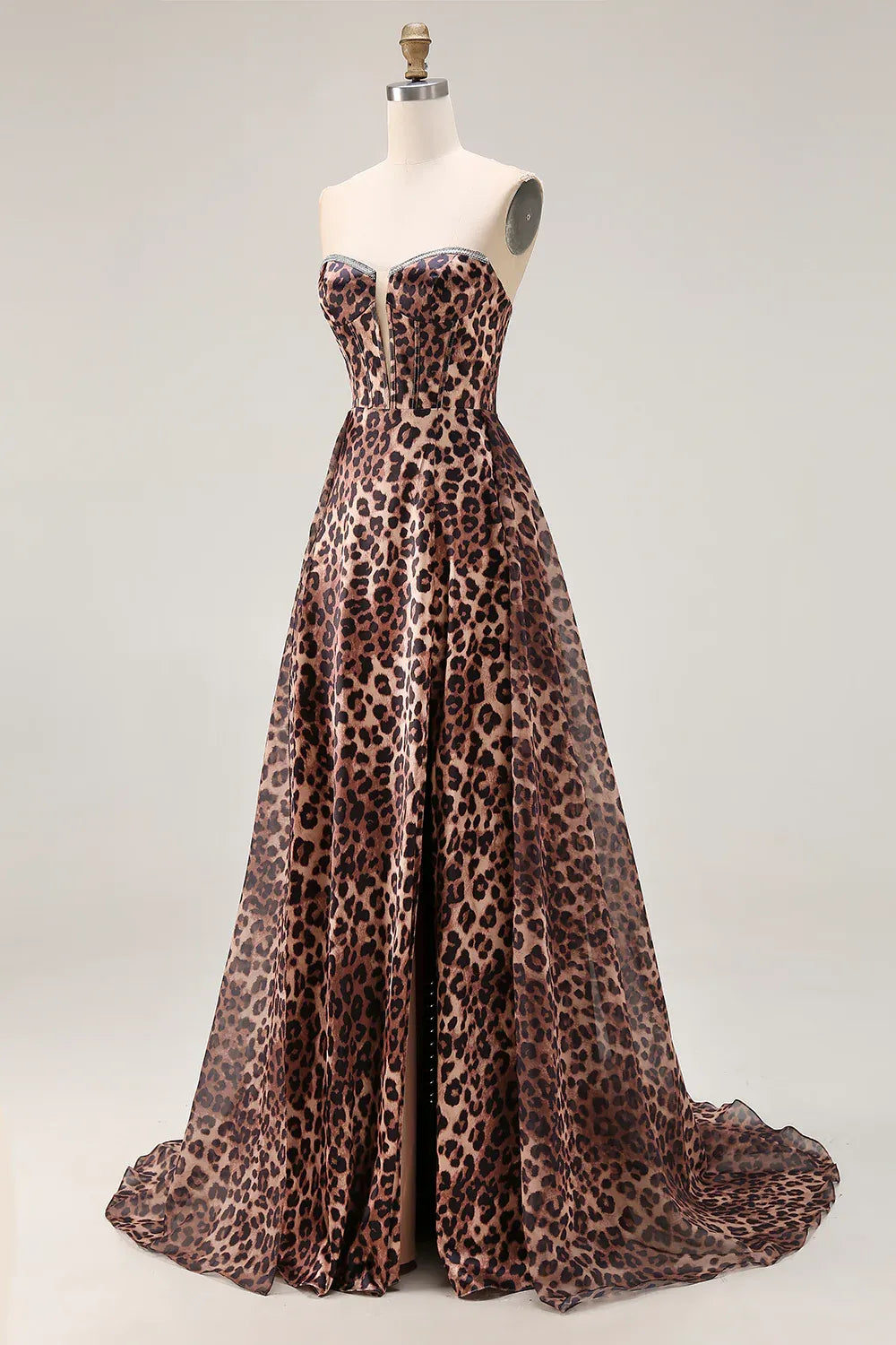 Strapless A Line Sleeveless Leopard Print Floor-Length Prom Dress