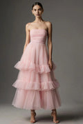 A Line Sleeveless Strapless Tiered Ankle-Length Prom Dress