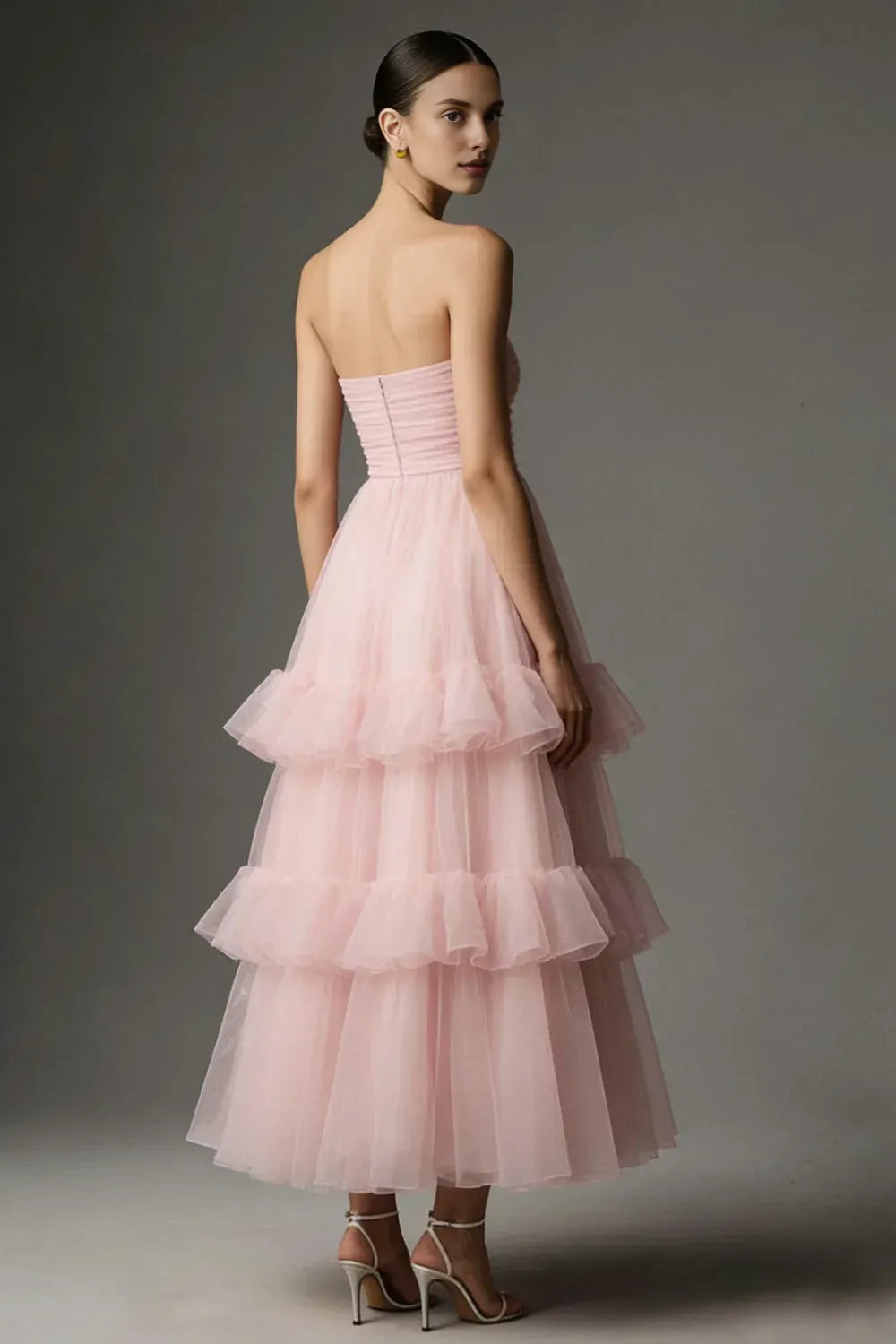 A Line Sleeveless Strapless Tiered Ankle-Length Prom Dress