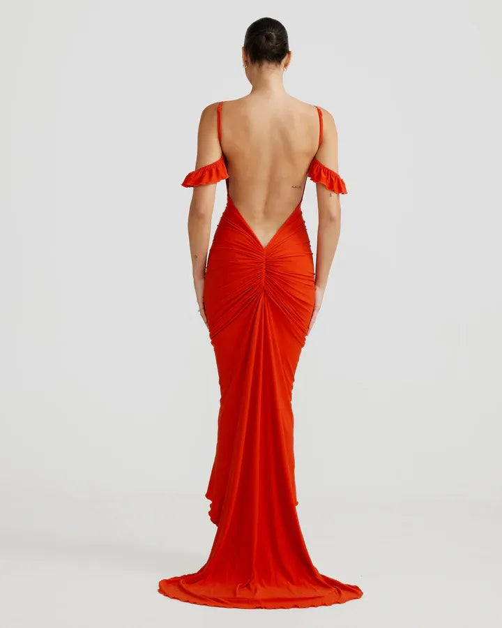 Fitted Spaghetti Straps Sleeveless Ruffled Floor-Length Prom Dress