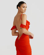 Fitted Spaghetti Straps Sleeveless Ruffled Floor-Length Prom Dress