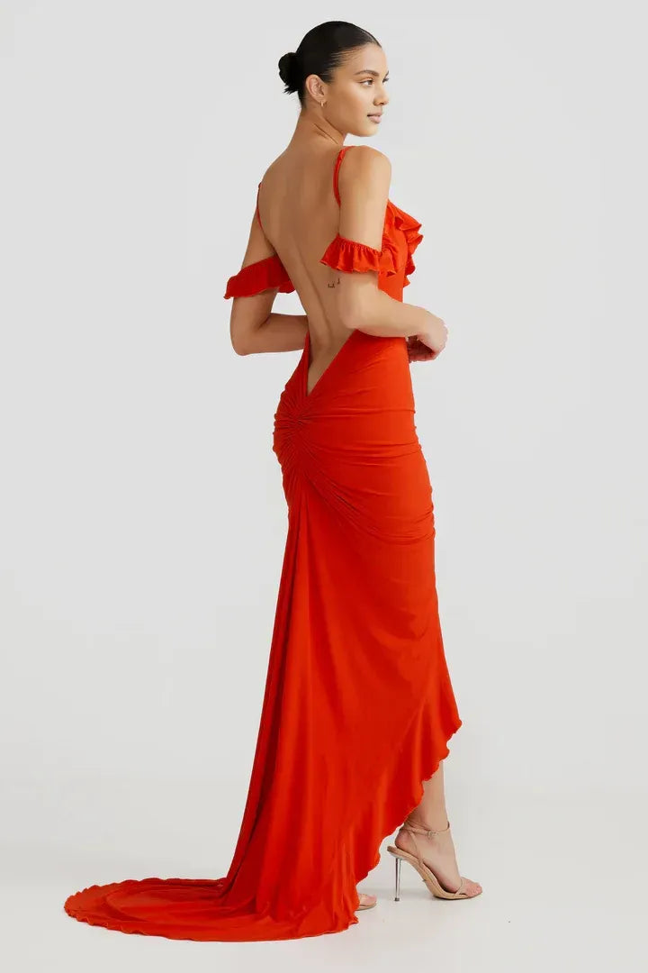 Fitted Spaghetti Straps Sleeveless Ruffled Floor-Length Prom Dress