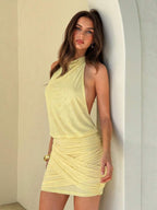Yellow Glamorous Bodycon Halter Neck Pleated Lemon Mini Homecoming Dress