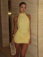Yellow Glamorous Bodycon Halter Neck Pleated Lemon Mini Homecoming Dress