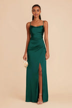 Modern Mermaid/Trumpet Cowl Neck Sleeveless Satin Slit Maxi Bridesmaid Dress