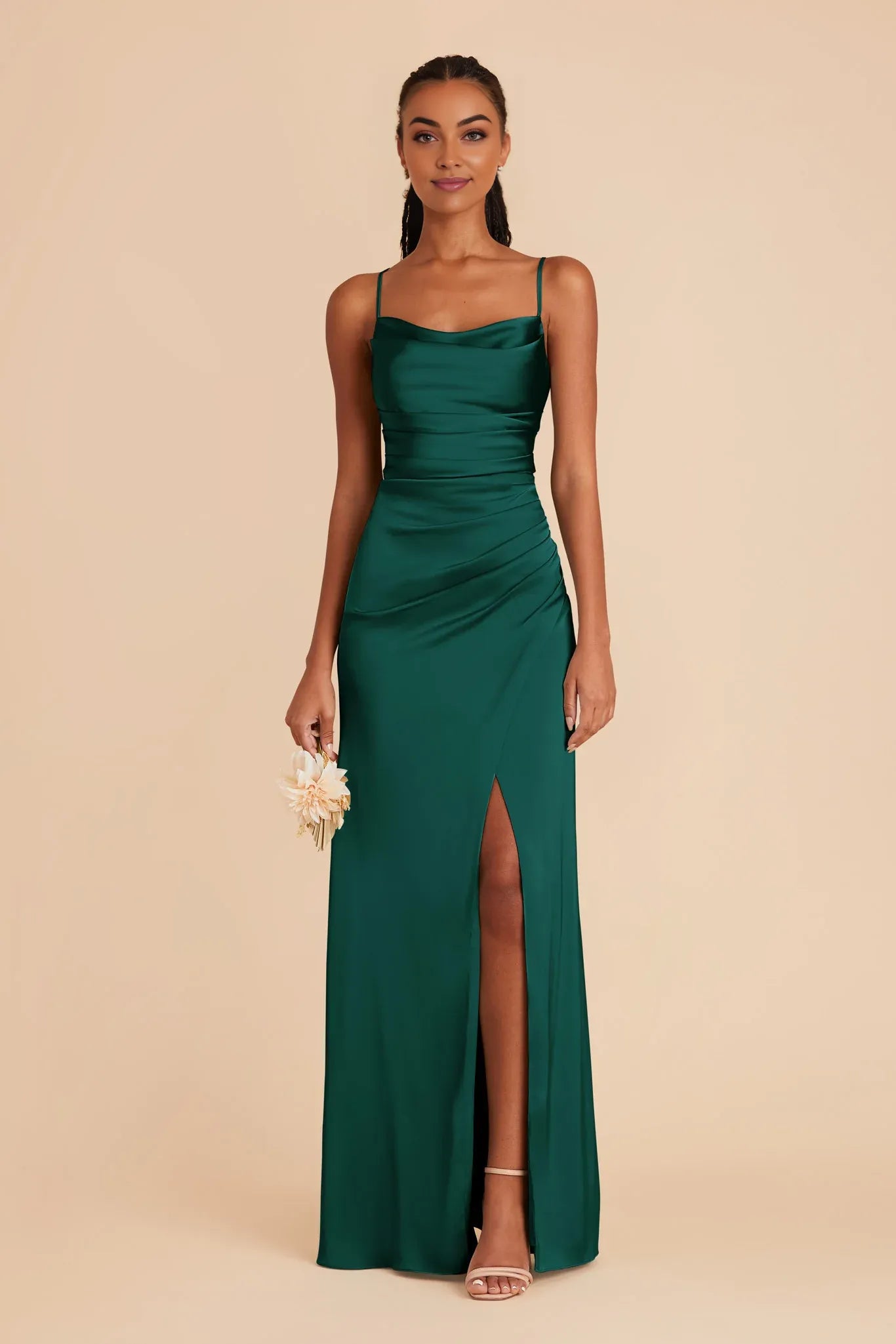 Modern Mermaid/Trumpet Cowl Neck Sleeveless Satin Slit Maxi Bridesmaid Dress