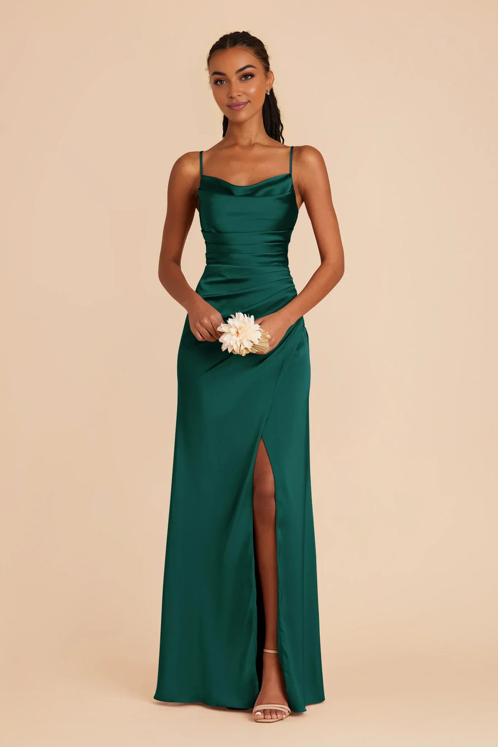 Modern Mermaid/Trumpet Cowl Neck Sleeveless Satin Slit Maxi Bridesmaid Dress