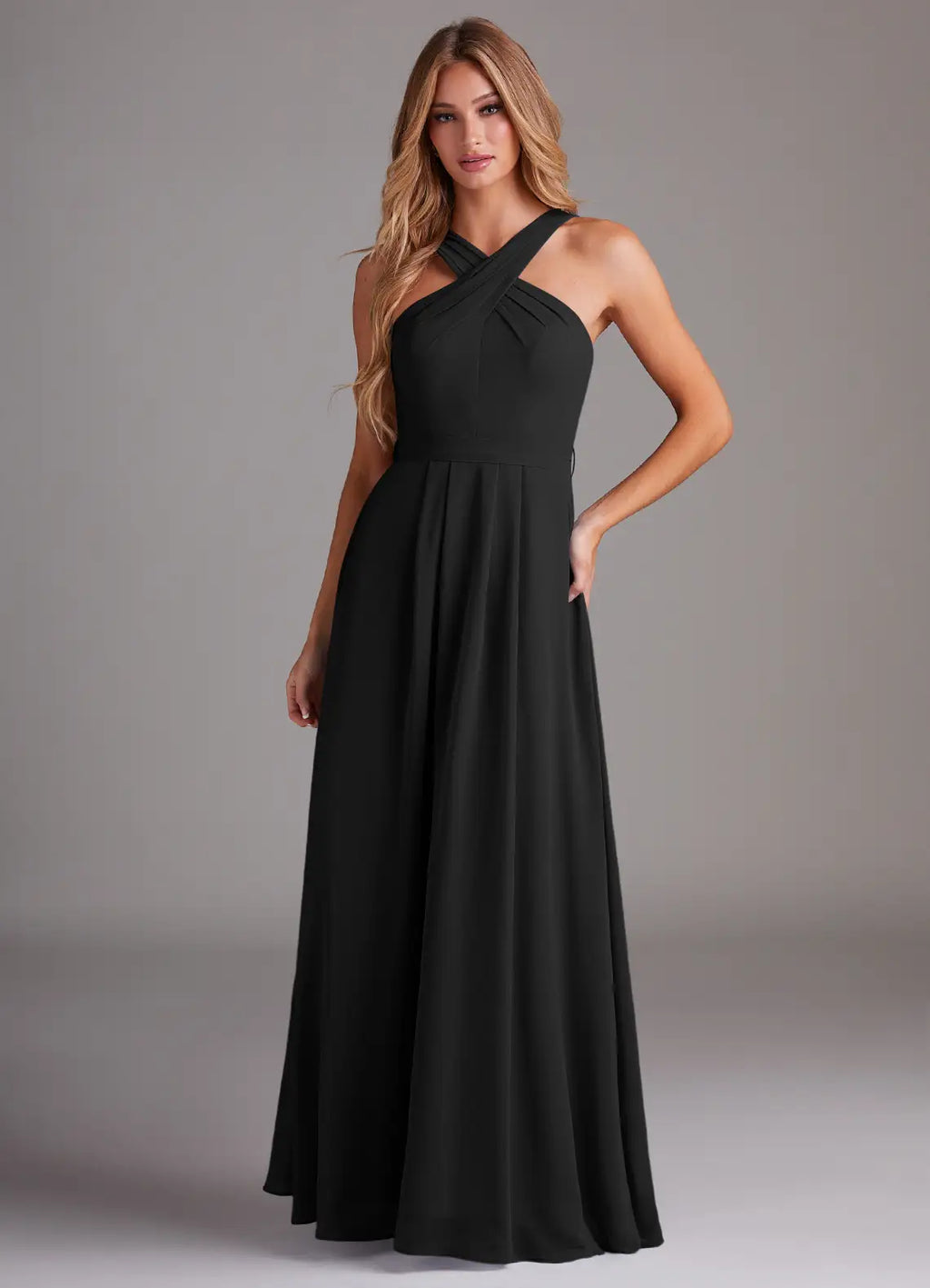 Modern chiffon halter neck floor length bridesmaid dress with crisscross straps, self-tie sash and pockets