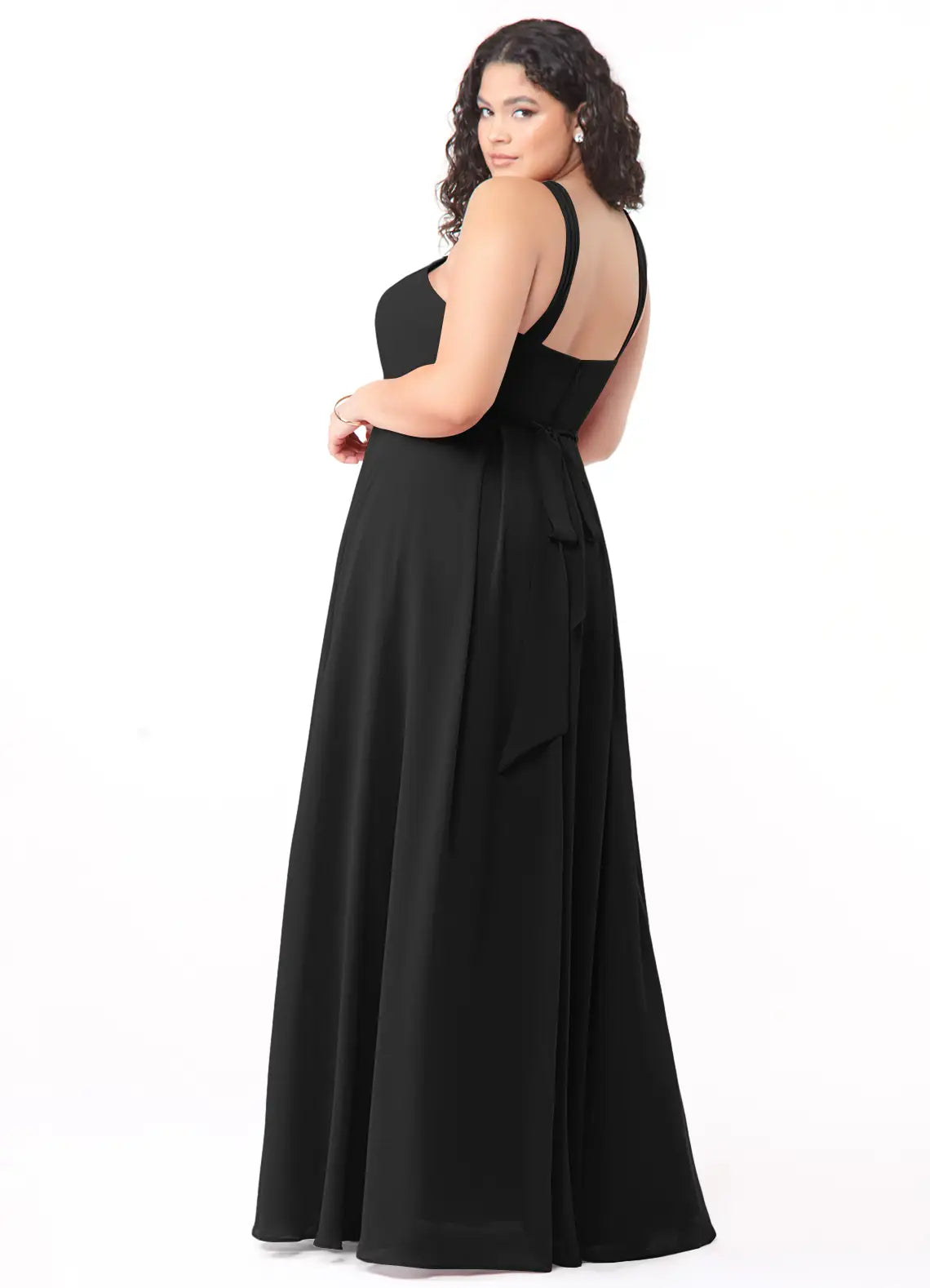 Modern chiffon halter neck floor length bridesmaid dress with crisscross straps, self-tie sash and pockets