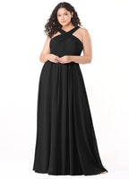Modern chiffon halter neck floor length bridesmaid dress with crisscross straps, self-tie sash and pockets