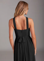 Modern chiffon halter neck floor length bridesmaid dress with crisscross straps, self-tie sash and pockets