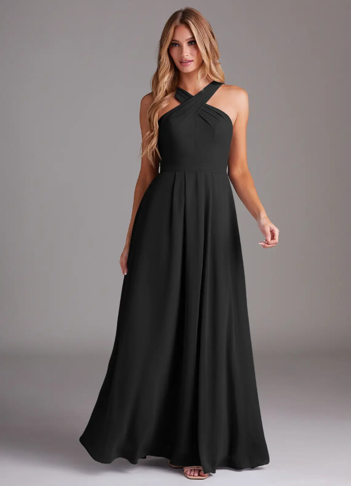 Modern chiffon halter neck floor length bridesmaid dress with crisscross straps, self-tie sash and pockets