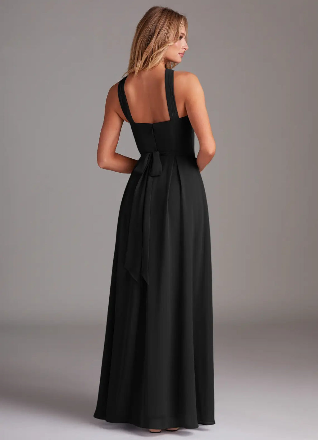 Modern chiffon halter neck floor length bridesmaid dress with crisscross straps, self-tie sash and pockets
