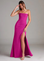 Modern fuchsia bridesmaid dress with convertible strapless/spaghetti straps, ruched waist, open back bow, high slit and sheath skirt