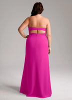 Modern fuchsia bridesmaid dress with convertible strapless/spaghetti straps, ruched waist, open back bow, high slit and sheath skirt