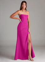Modern fuchsia bridesmaid dress with convertible strapless/spaghetti straps, ruched waist, open back bow, high slit and sheath skirt