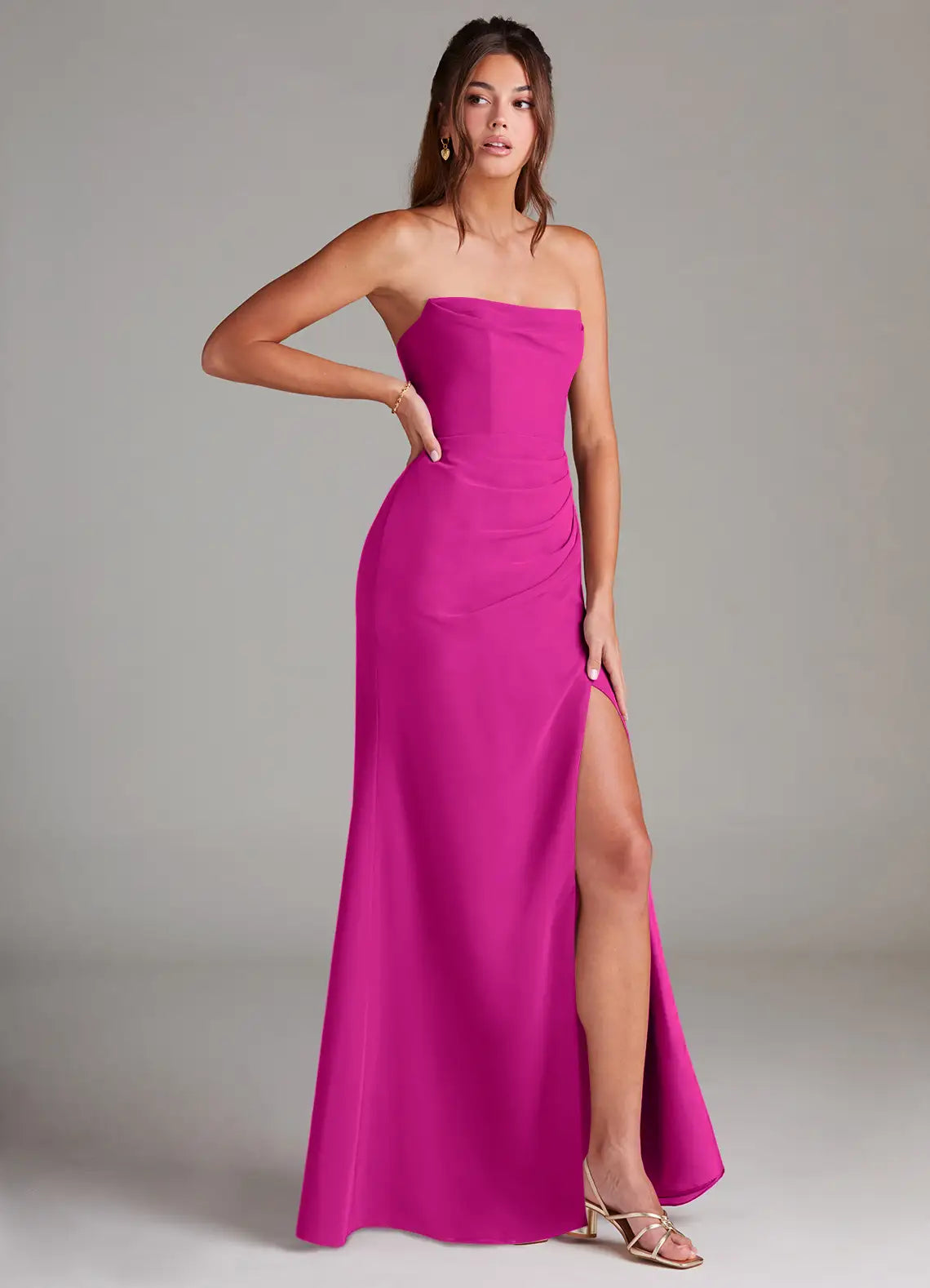 Modern fuchsia bridesmaid dress with convertible strapless/spaghetti straps, ruched waist, open back bow, high slit and sheath skirt