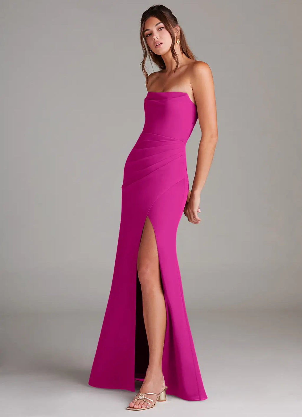 Modern fuchsia bridesmaid dress with convertible strapless/spaghetti straps, ruched waist, open back bow, high slit and sheath skirt