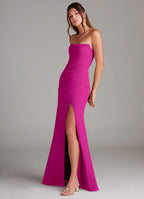 Modern fuchsia bridesmaid dress with convertible strapless/spaghetti straps, ruched waist, open back bow, high slit and sheath skirt