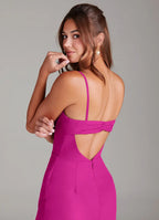 Modern fuchsia bridesmaid dress with convertible strapless/spaghetti straps, ruched waist, open back bow, high slit and sheath skirt