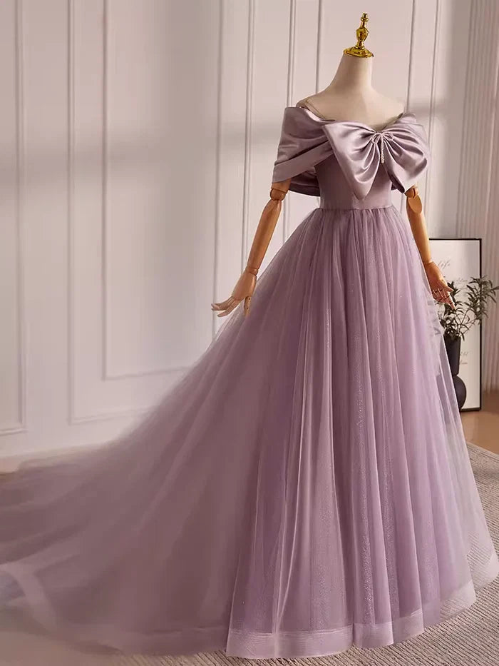Modest A-Line/Princess Off The Shoulder Sleeveless Up Chapel Train Party Dresses