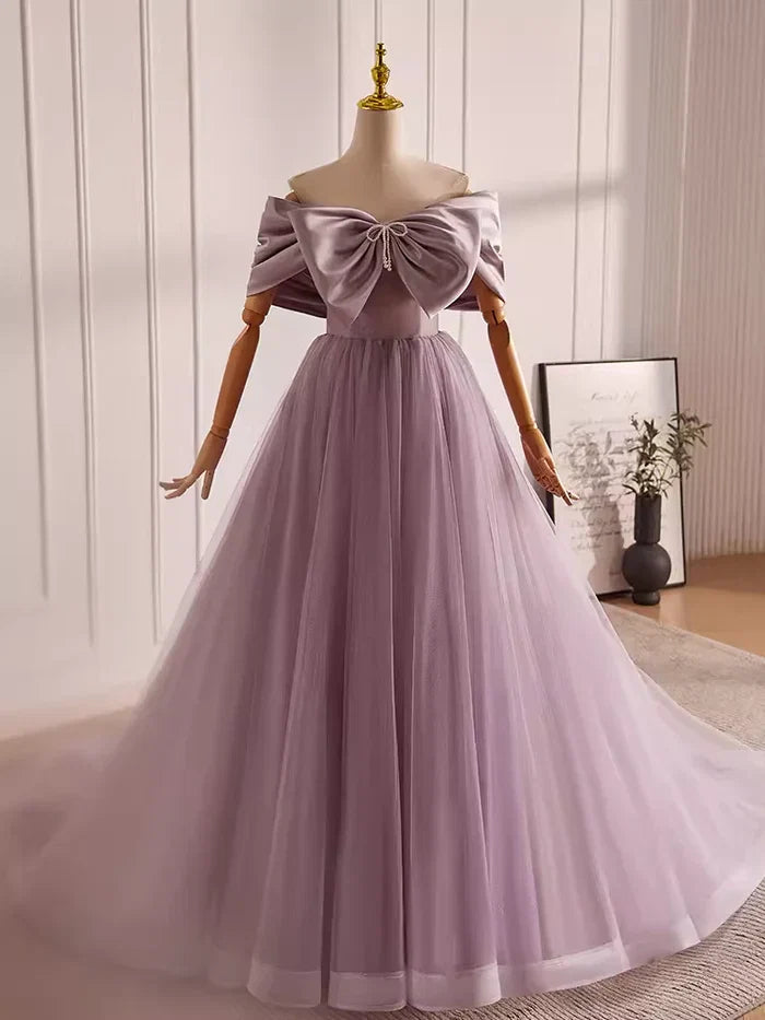 Modest A-Line/Princess Off The Shoulder Sleeveless Up Chapel Train Party Dresses