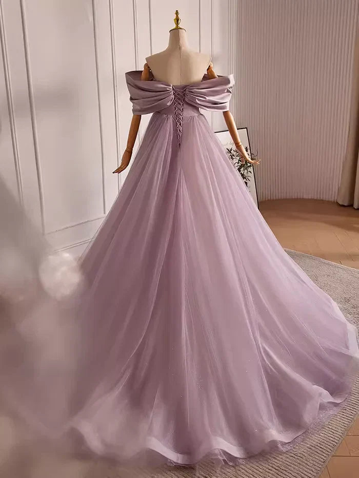 Modest A-Line/Princess Off The Shoulder Sleeveless Up Chapel Train Party Dresses
