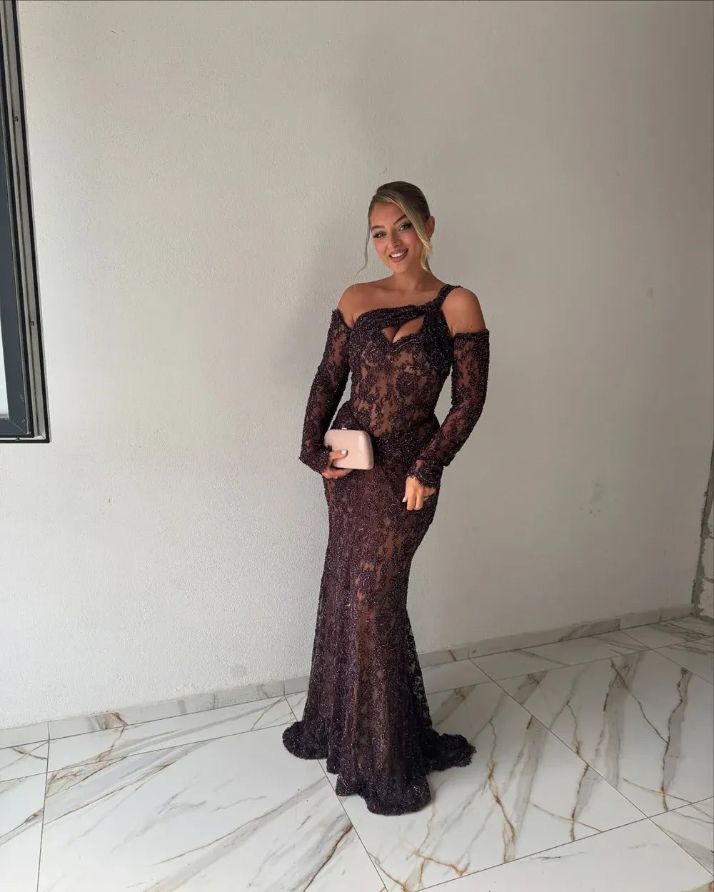 Modest One Shoulder Long Sleeves Bodycon Ruched Sweep Train Prom Dress