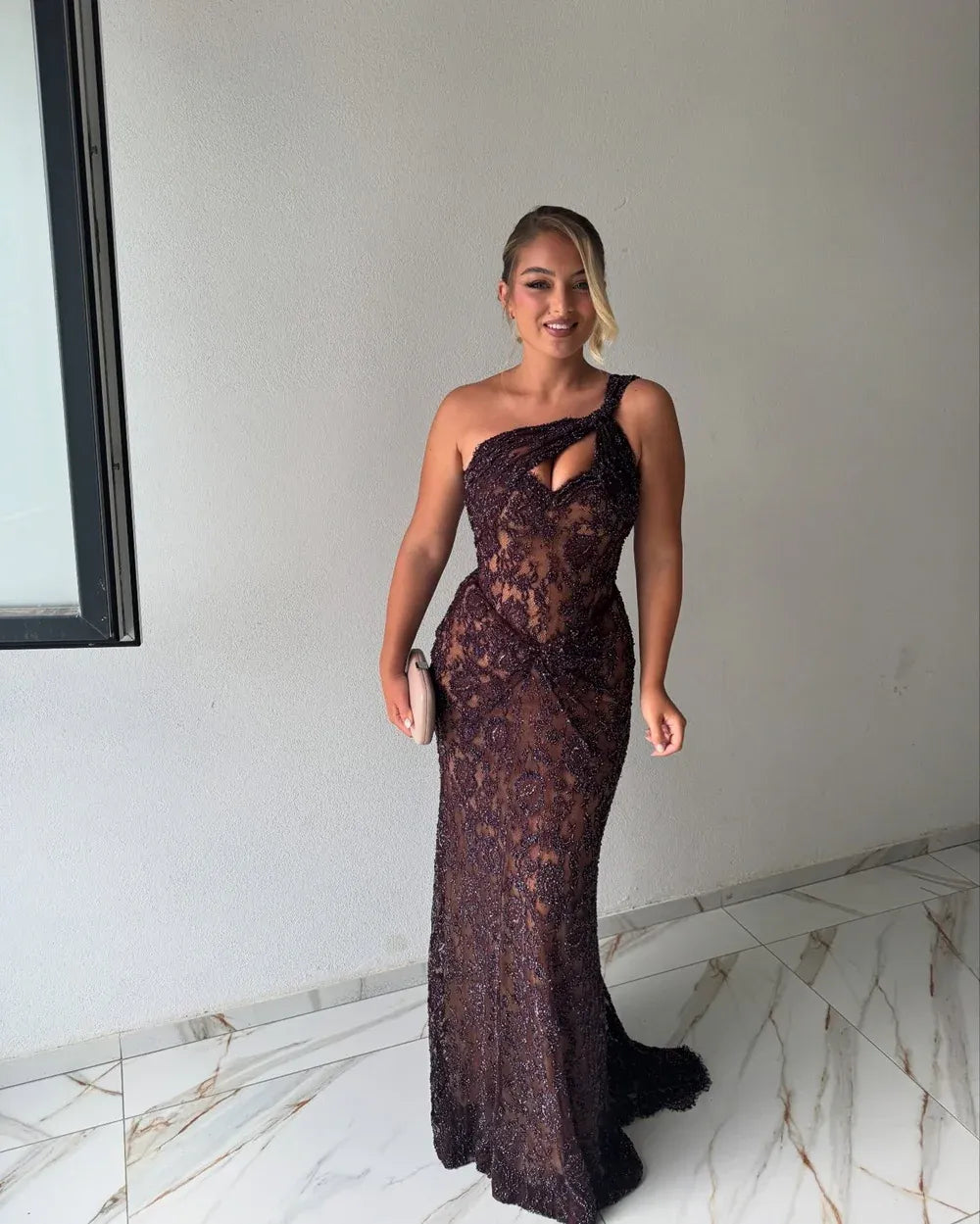 Modest One Shoulder Long Sleeves Bodycon Ruched Sweep Train Prom Dress