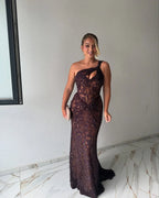Modest One Shoulder Long Sleeves Bodycon Ruched Sweep Train Prom Dress