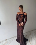 Modest One Shoulder Long Sleeves Bodycon Ruched Sweep Train Prom Dress