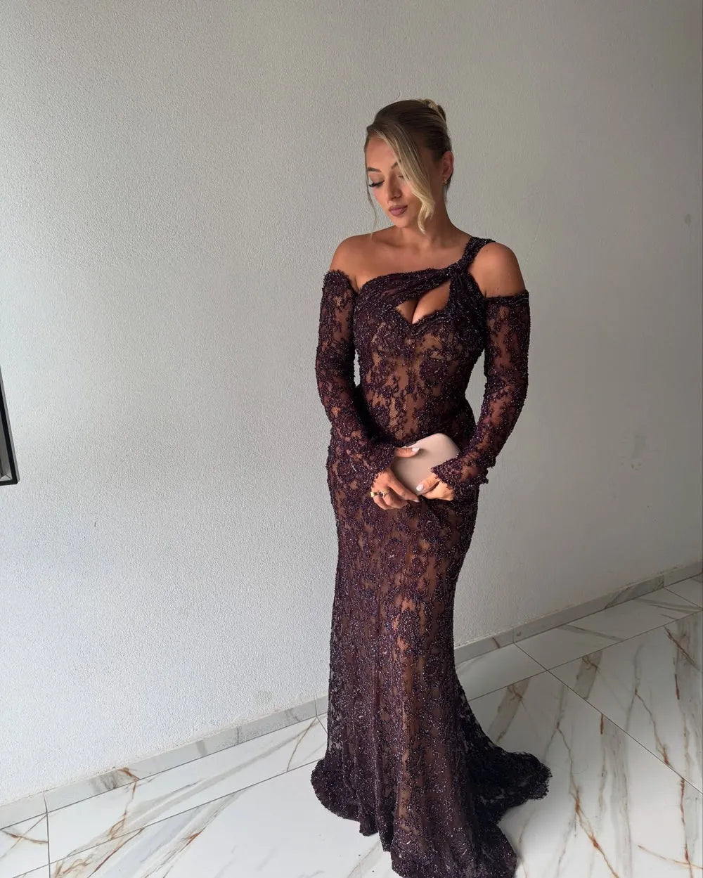 Modest One Shoulder Long Sleeves Bodycon Ruched Sweep Train Prom Dress