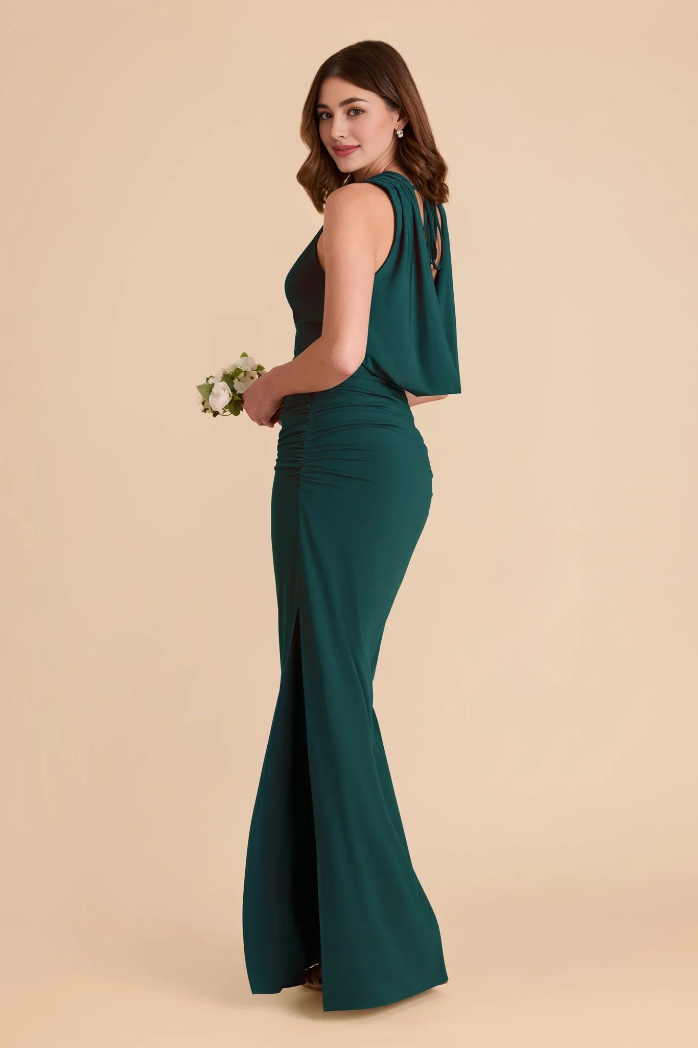 Modest Sheath/Column Cowl Neck Sleeveless Pleated Maxi Bridesmaid Dress