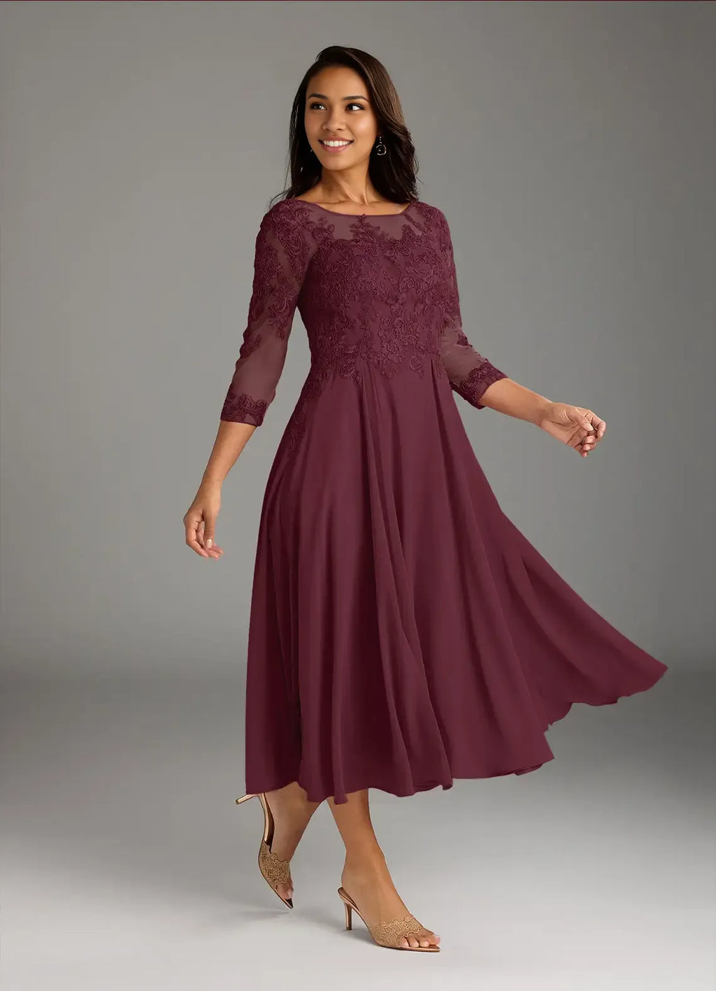 Dress Scoop Neck A-Line Mother Of The Bride Evening Dress Fashion Three-Quarter Sleeve Plus Size Mother Of The Groom Dresses