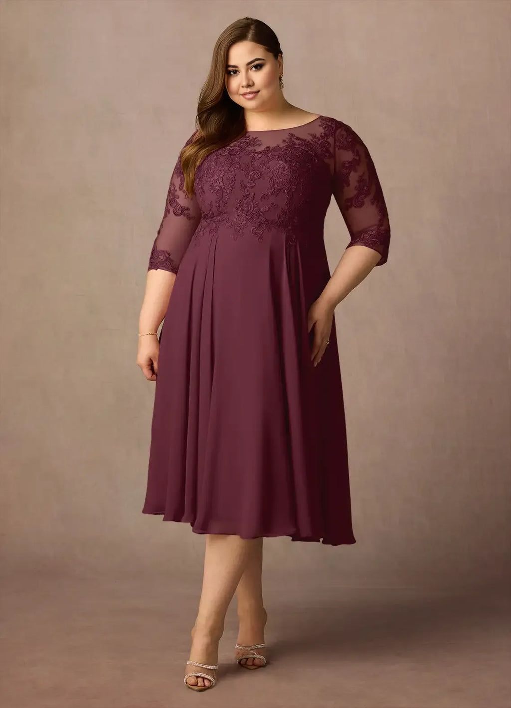 Dress Scoop Neck A-Line Mother Of The Bride Evening Dress Fashion Three-Quarter Sleeve Plus Size Mother Of The Groom Dresses