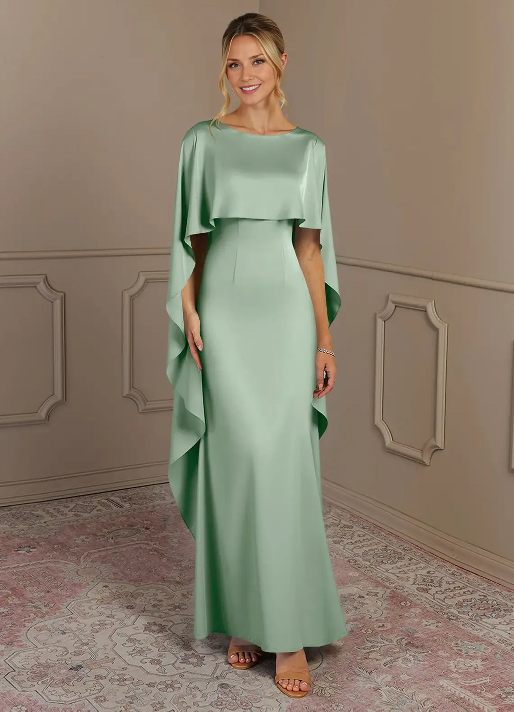 Dress Sheath Boat Neck Mother Of The Bride Evening Dress Minimalist Cape Sleeve Cascading Ruffles Mother Of The Groom Dresses
