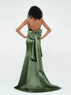 Satin Spaghetti-Strap Deep V-Neck Back Bow Detail A-Line Floor-Length Bridesmaid Dresses