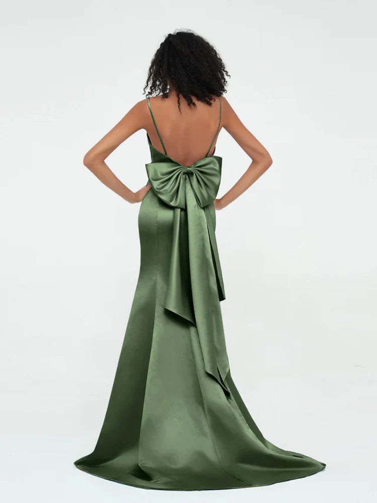 Satin Spaghetti-Strap Deep V-Neck Back Bow Detail A-Line Floor-Length Bridesmaid Dresses