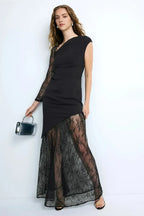 Mysterious Sheath Asymmetric Neck Lace Sleeve Open Back Floor Length Plus Size Prom Dress