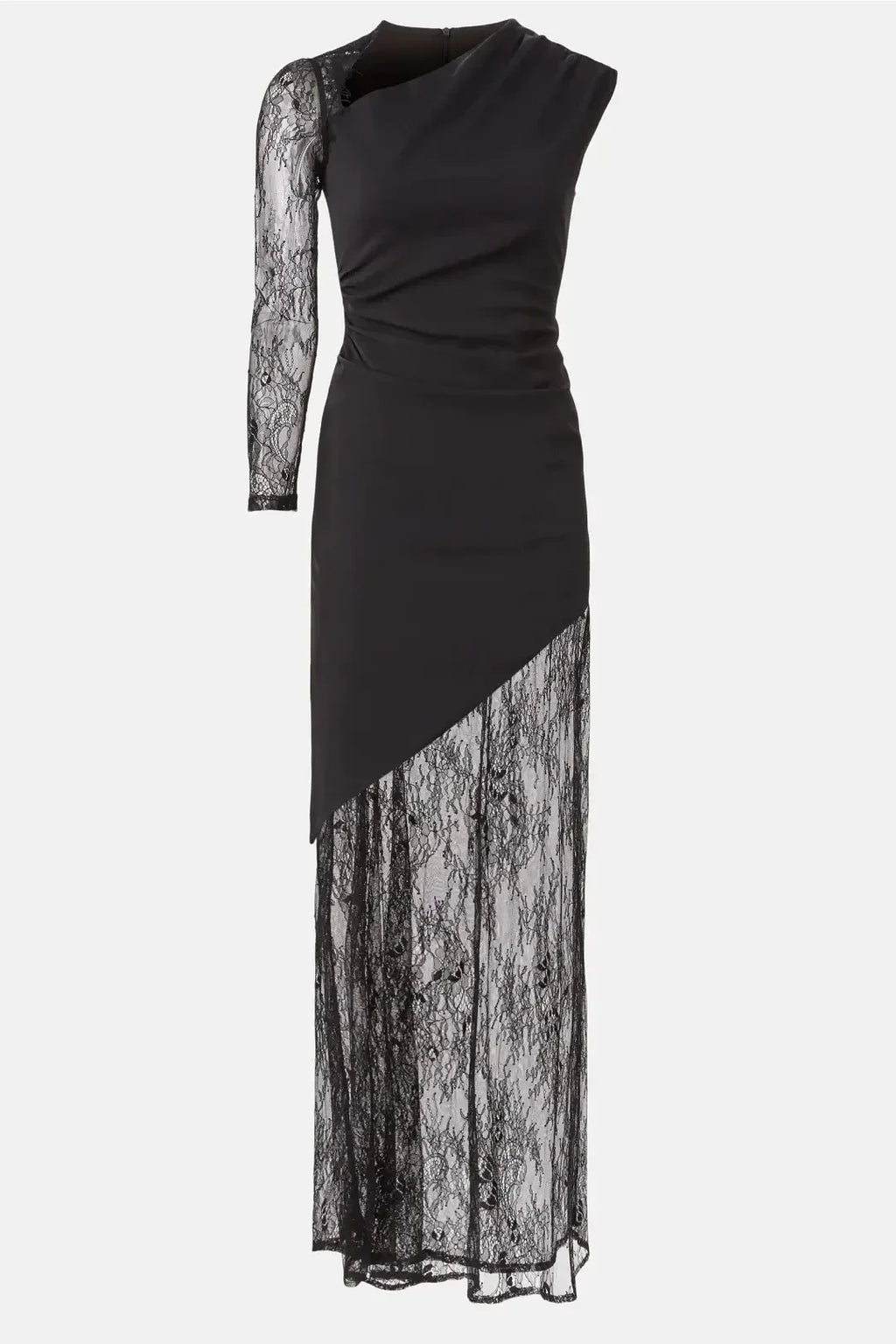 Mysterious Sheath Asymmetric Neck Lace Sleeve Open Back Floor Length Plus Size Prom Dress