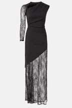 Mysterious Sheath Asymmetric Neck Lace Sleeve Open Back Floor Length Plus Size Prom Dress