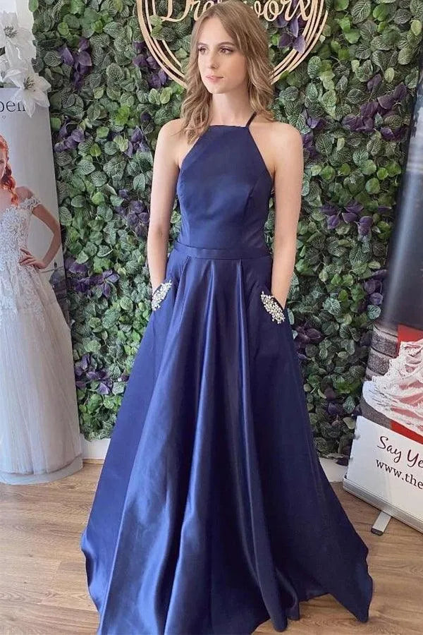 Halter Neck Open Back Beaded Pocket A-Line Prom Gown