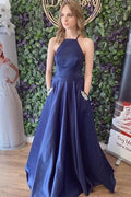Halter Neck Open Back Beaded Pocket A-Line Prom Gown