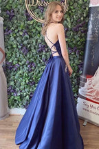 Halter Neck Open Back Beaded Pocket A-Line Prom Gown